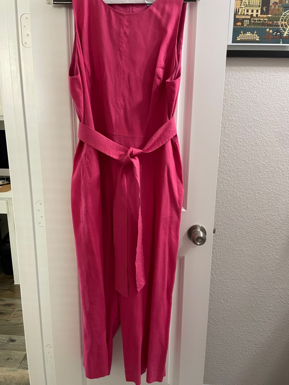 ANTONIO MELANI Bright Pink Sleeveless Linen Blend Jumpsuit with Waist Tie